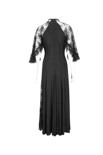 Black Stretch Printed Knit Panel Lace High Slit Asymmetric Women's Gothic Dress