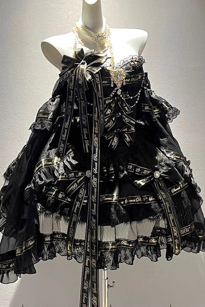 Black [Golden Obsidian Night] Sleeveless Double-Layered Ruffle Bowknot Pearl Gothic Princess Lolita Dress