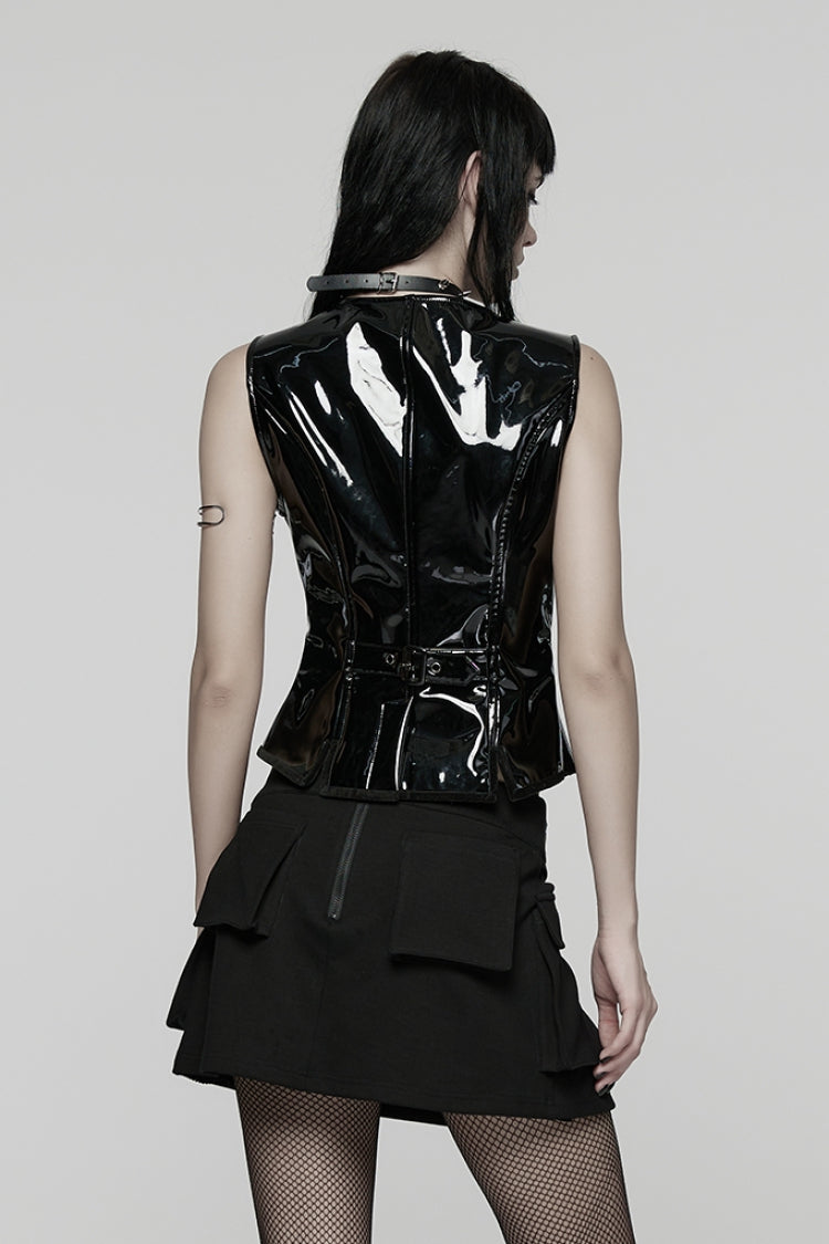 Black V Collar Sleeveless Buckle Zipper Faux Leather Women's Gothic Vest