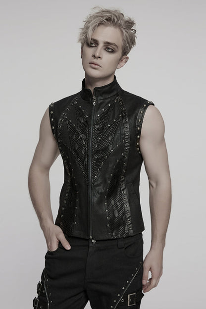 Black Stand Collar Stitching Mesh Men's Punk Vest