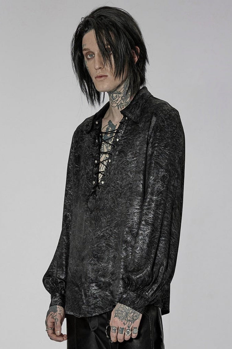 Black/Silver Stand Collar Long Puff Sleeves Print Lace-Up Metal Decoration Mens Gothic Blouse