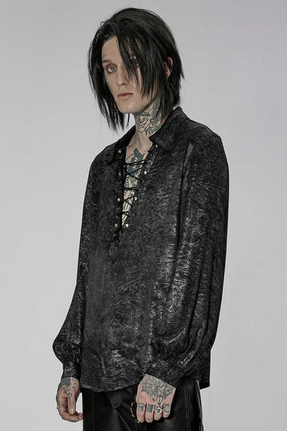 Black/Silver Stand Collar Long Puff Sleeves Print Lace-Up Metal Decoration Mens Gothic Blouse