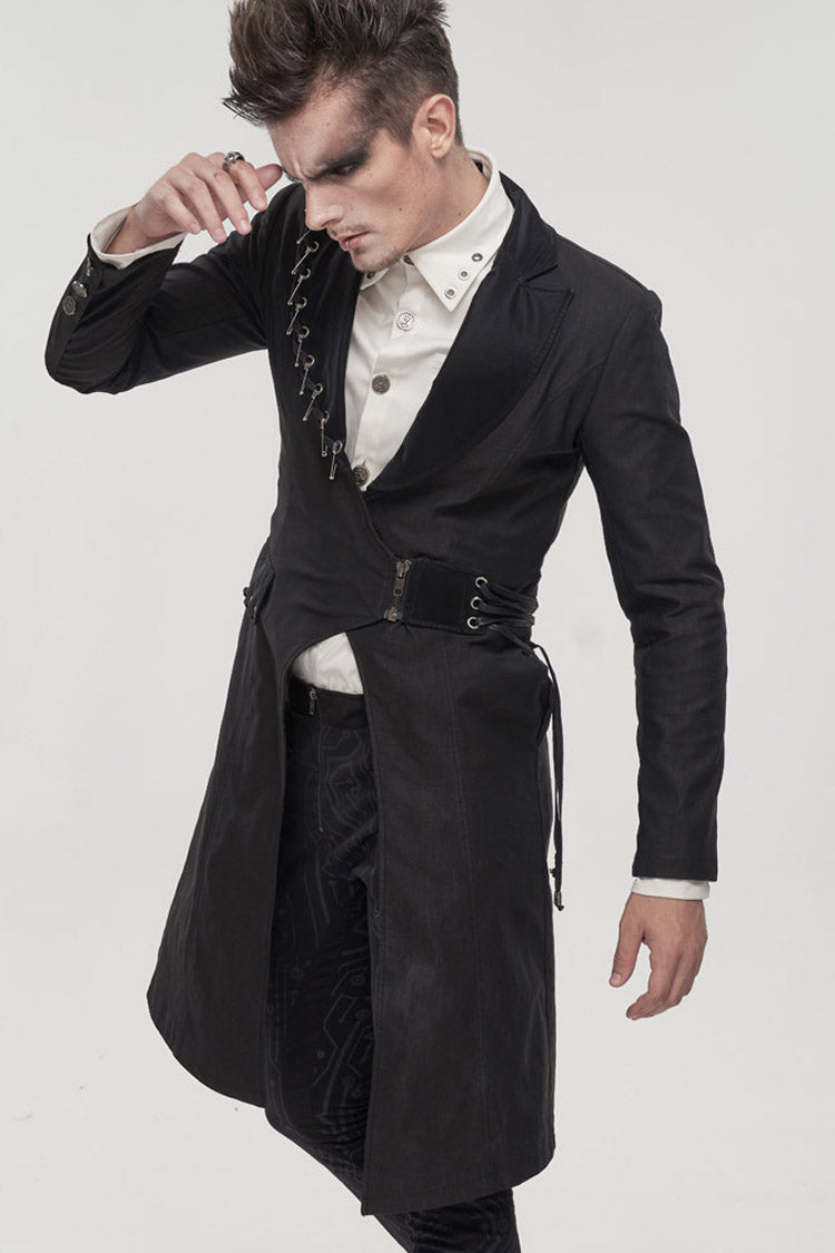 Black Punk Twill Imitation Leather Metal Pin Decoration Drawstring Design Long Men's Coat