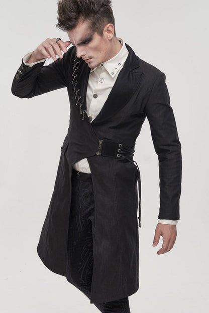 Black Punk Twill Imitation Leather Metal Pin Decoration Drawstring Design Long Men's Coat