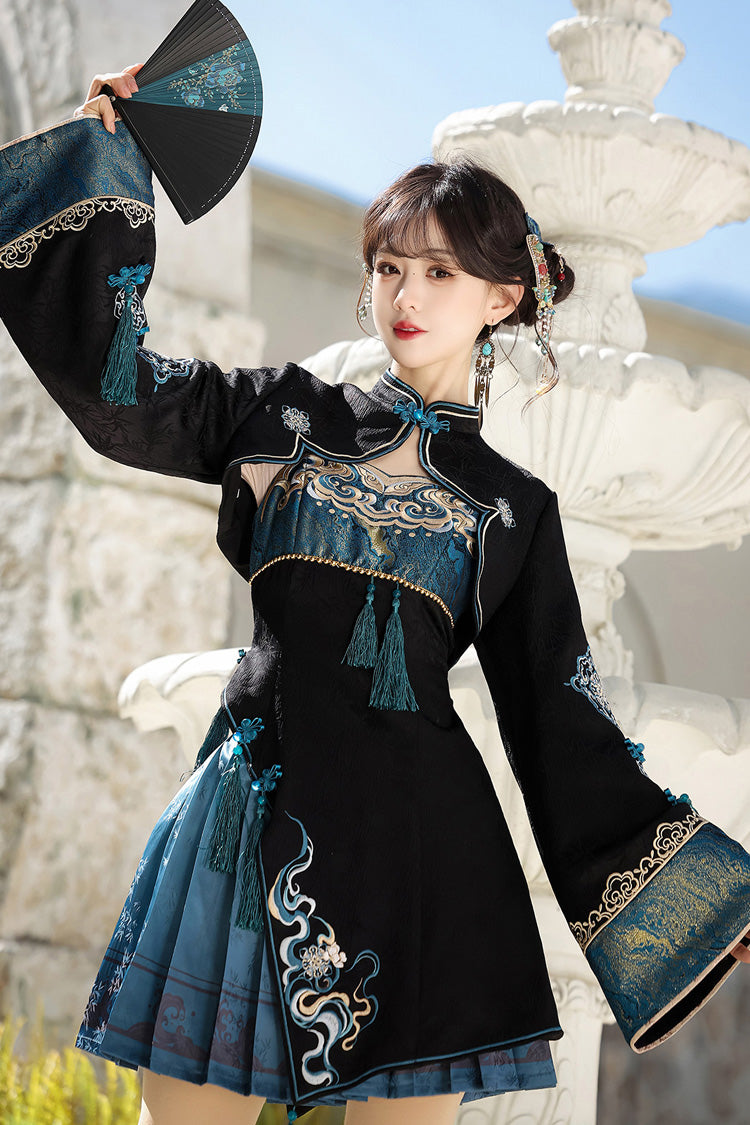 Black/Blue [Misty Teal] Long Sleeves Ruffled Cut-Out Embroidered Asymmetric Chinese Style Classic Lolita Jsk Dress Set