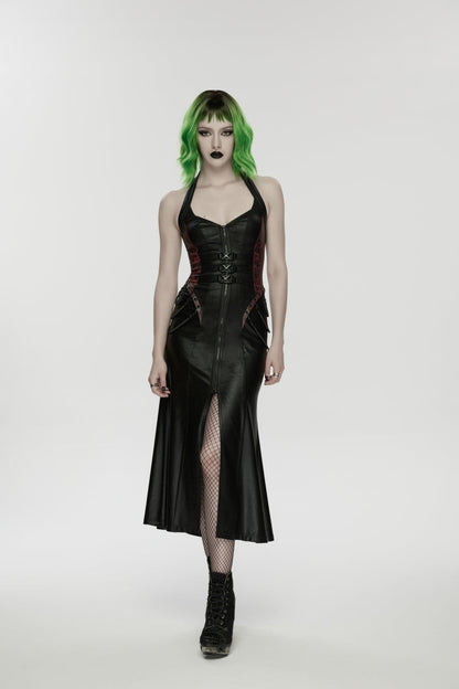 Black/Red Halterneck Sleeveless Lace-Up Slim Buckled Women's Punk Dress