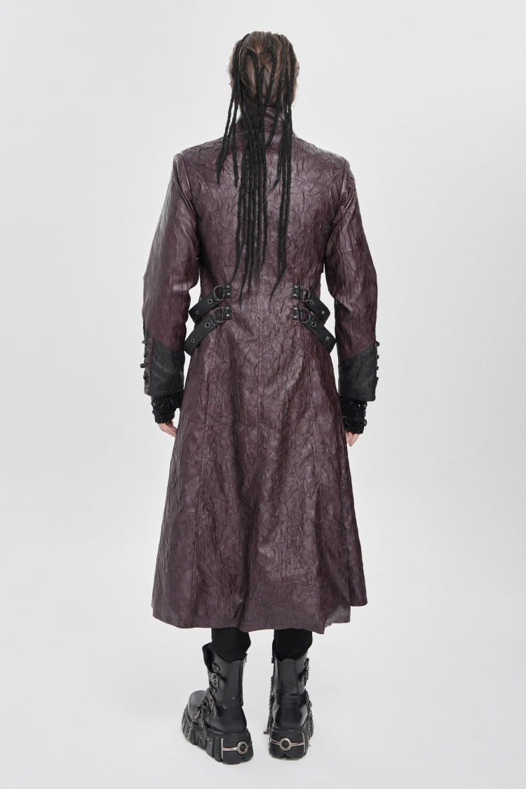 Red Stand Collar Zipper Straps Eyelet Men's Punk Coat