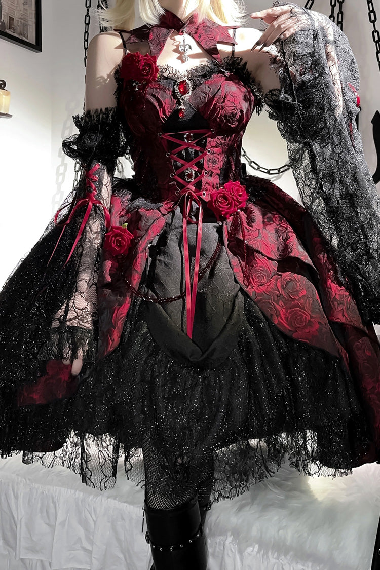 Black/Red [Weeping Rose] Jacquard Print Ruffle Cardigan Bowknot Lace-Up Gothic Lolita Dress