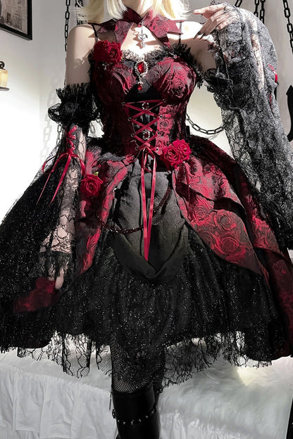 Black/Red [Weeping Rose] Jacquard Print Ruffle Cardigan Bowknot Lace-Up Gothic Lolita Dress
