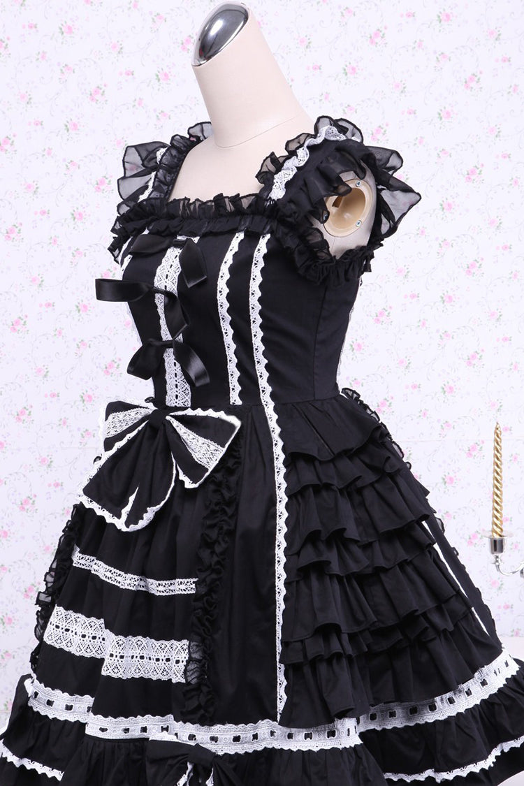 Black/White Cap Sleeves Ruffled Bowknot Lace Trim Gothic Lolita Dress