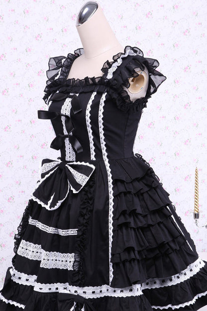 Black/White Cap Sleeves Ruffled Bowknot Lace Trim Gothic Lolita Dress