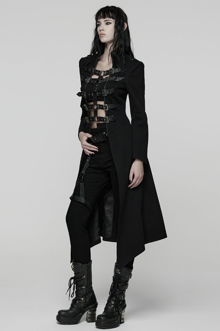 Black Stand Collar Long Sleeves Lace-Up Mesh Buckle Women's Punk Coat