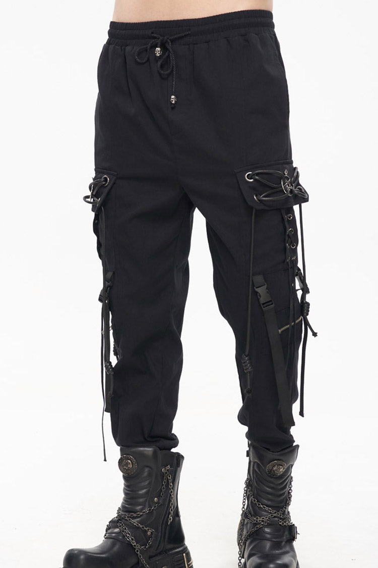 Black Punk Fine Twill Two-Wear Metal Buckle Chain Decoration Men's Pants