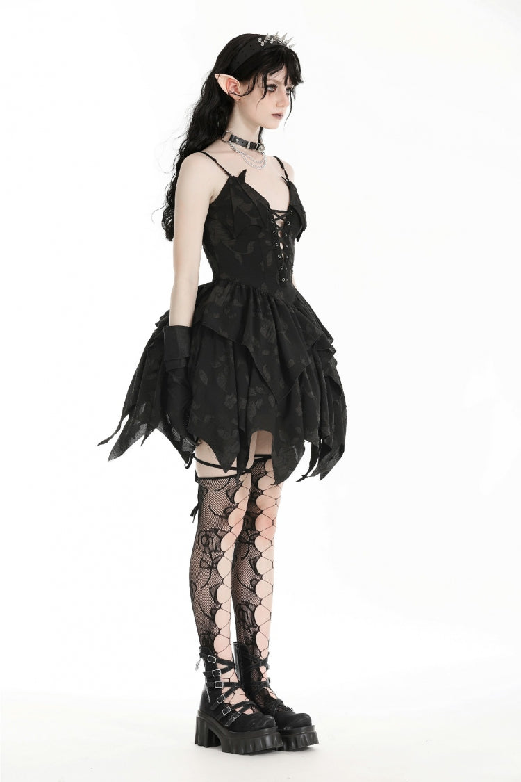 Black V Collar Sleeveless Halloween Printed Irregular Women's Gothic Slip Dress