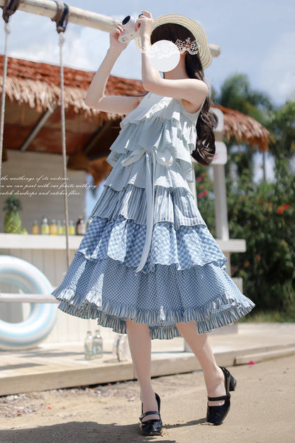 Blue [Go To The Beach] Multi-Layered Print Ruffle Holiday Sweet Lolita Jsk Dress