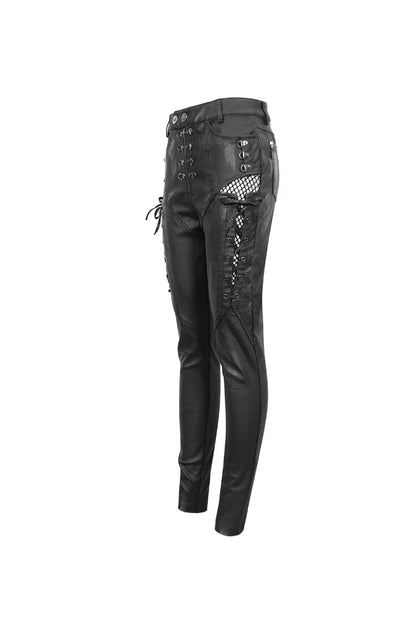 Black Stretch Faux Leather Paneled Mesh Women's Punk Trousers