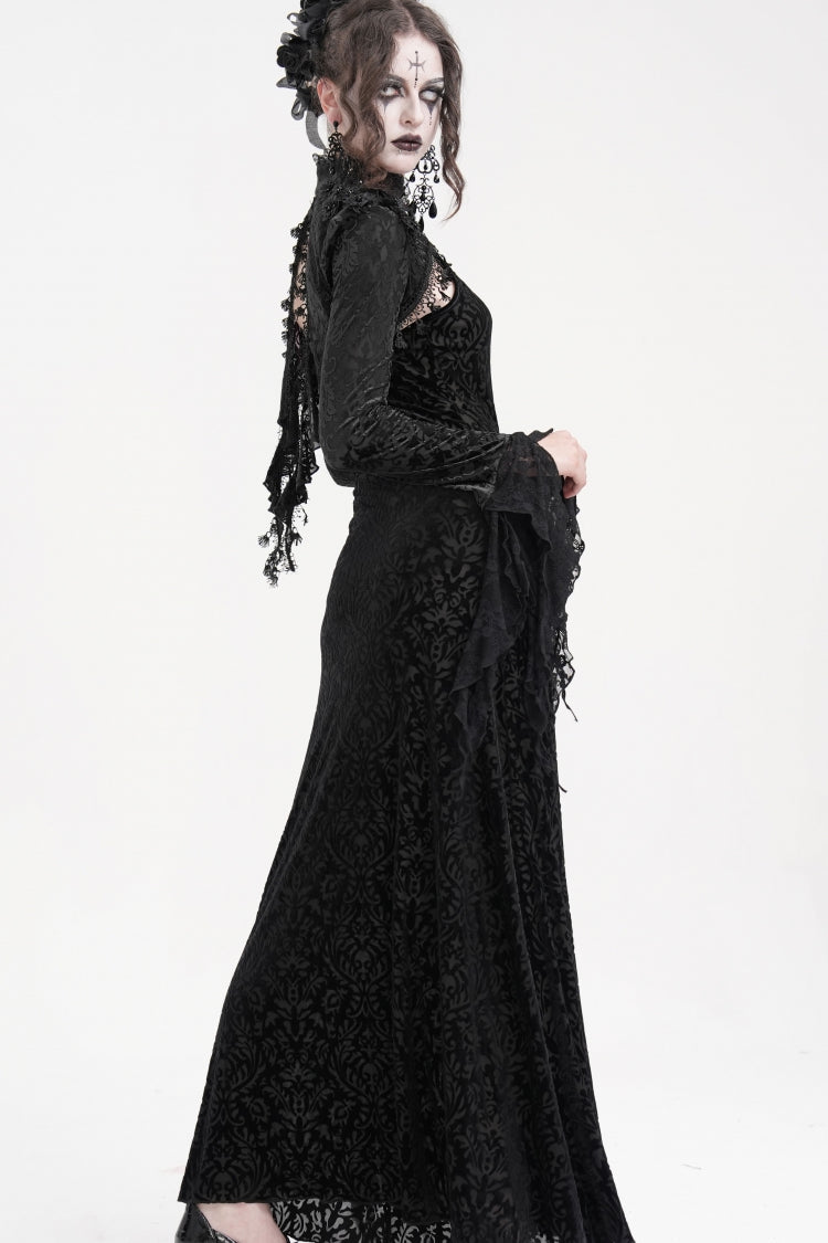Black Stand Collar Long Sleeves Lace Tassels Women's Gothic Cape