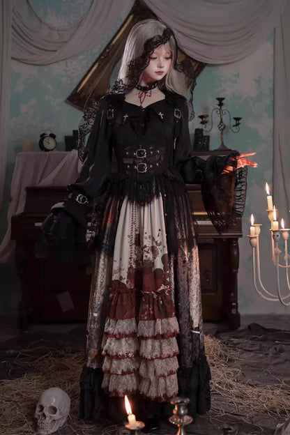 [Heretical Nun] Sleeveless Multi-Layered Printed Ruffled Open-Front Gothic Plus Size Lolita Strap Dress Long Version 2 Colors