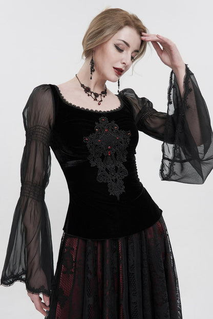 Black Velvet Paneled Chiffon Long Sleeves Chest Applique With Blood Red Diamonds Women's Gothic T-Shirt