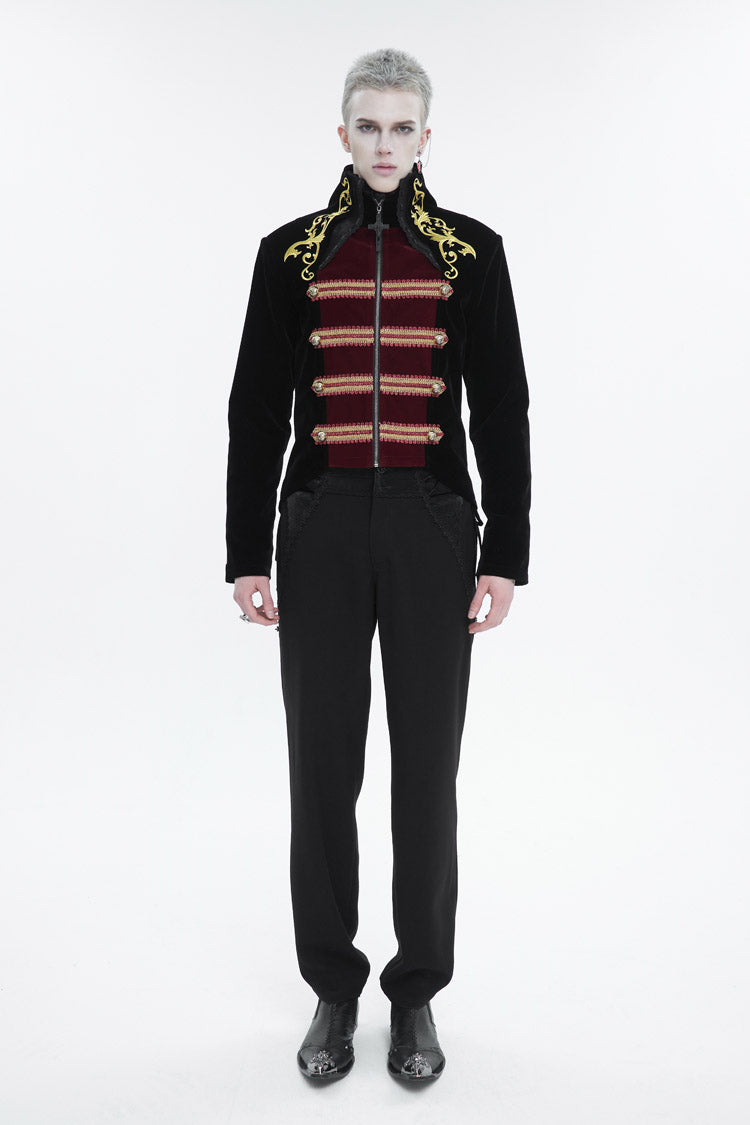 Black/Red Retro Totem Embroidered Swallow Tailed Men's Gothic Coat