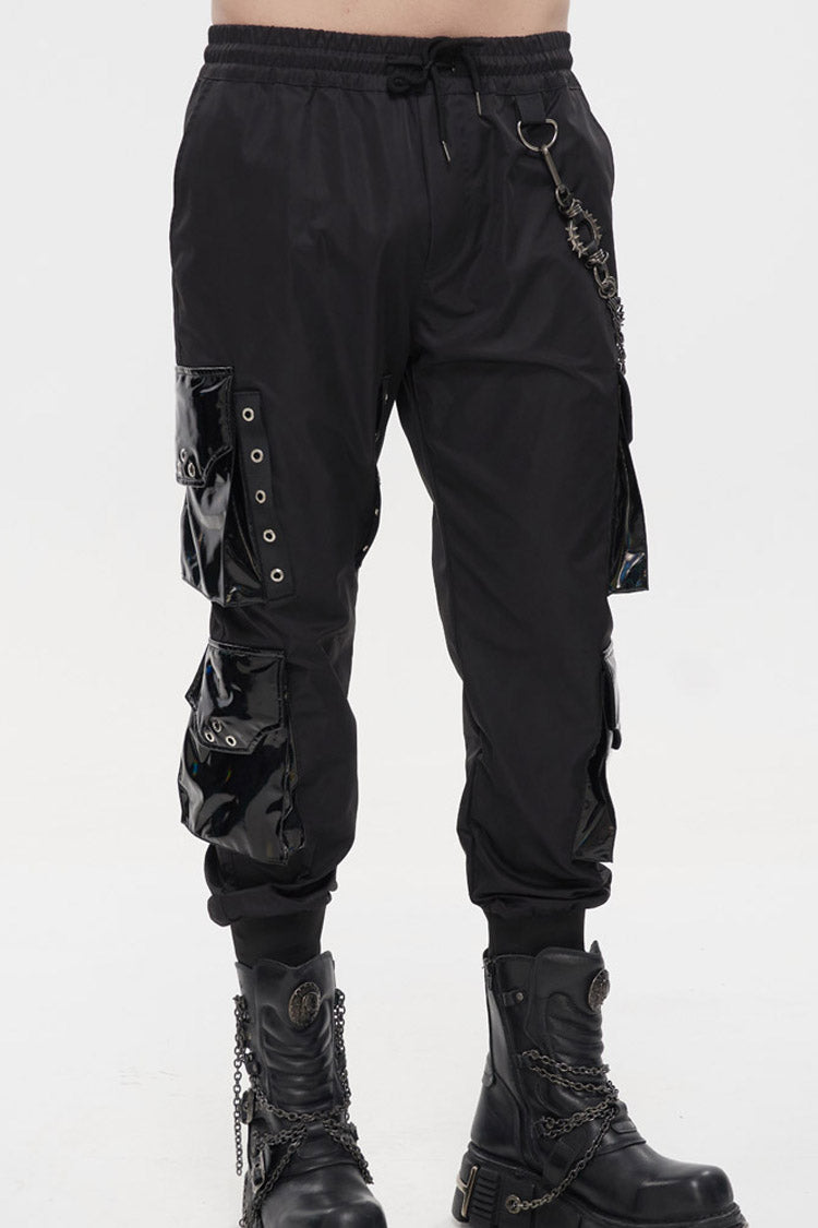 Black Punk Multi Pocket Splicing Illusory Color Removable Metal Left Chain Design Cargo Men's Pants