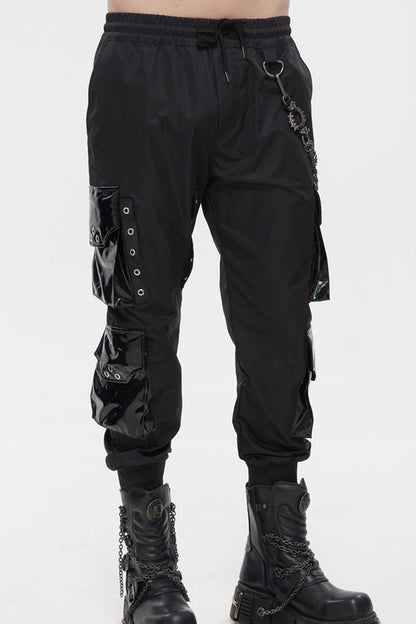 Black Punk Multi Pocket Splicing Illusory Color Removable Metal Left Chain Design Cargo Men's Pants