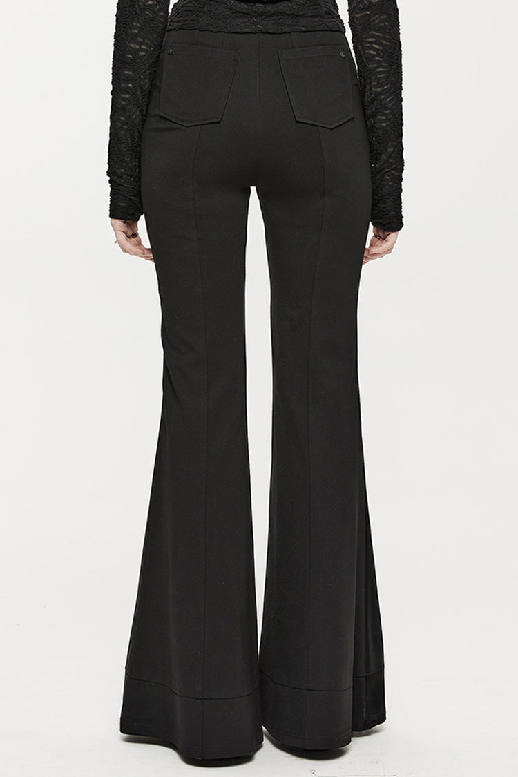Black Stretch-Knit Paneled Faux Leather Waistband Ghost Button Flared Women's Punk Pants