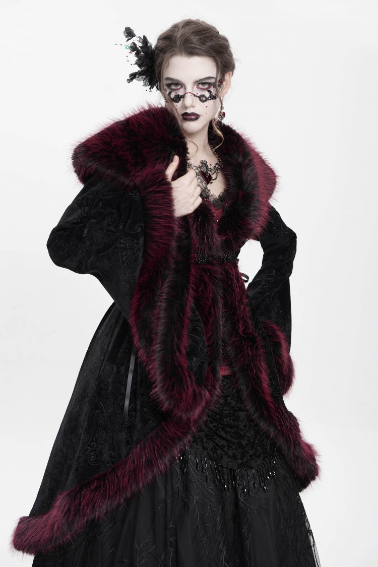Red Long Sleeves Floral Embroidery Women's Gothic Fluffy Coat