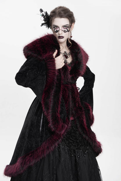 Red Long Sleeves Floral Embroidery Women's Gothic Fluffy Coat