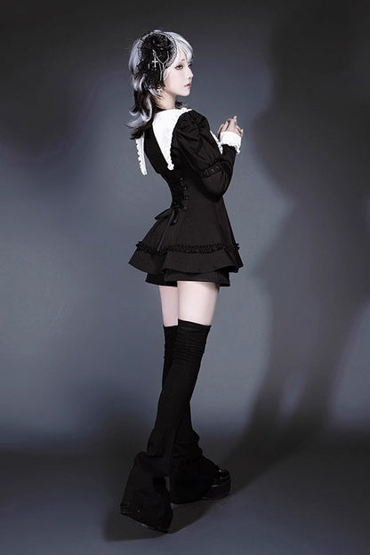 Black/White Long Sleeves Ruffle Bowknot Jirai Kei Japanese Witch Set