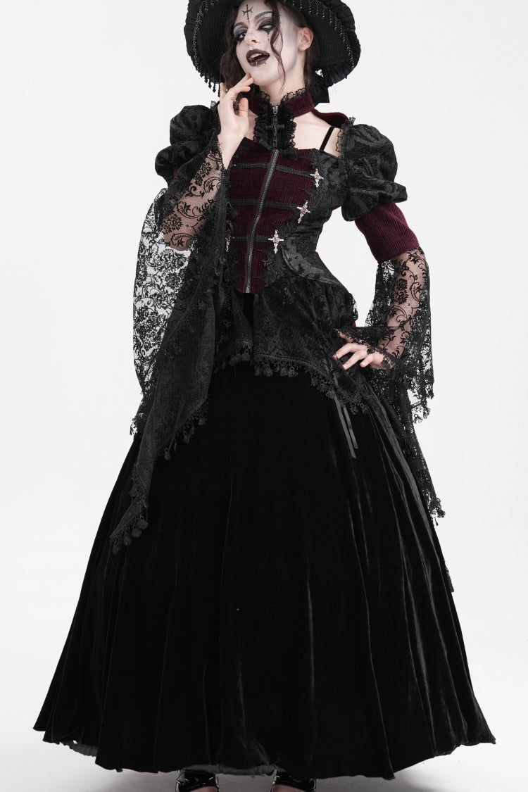 Wine Red Long Sleeves Hollow Lace Tassels Women's Gothic Jacket