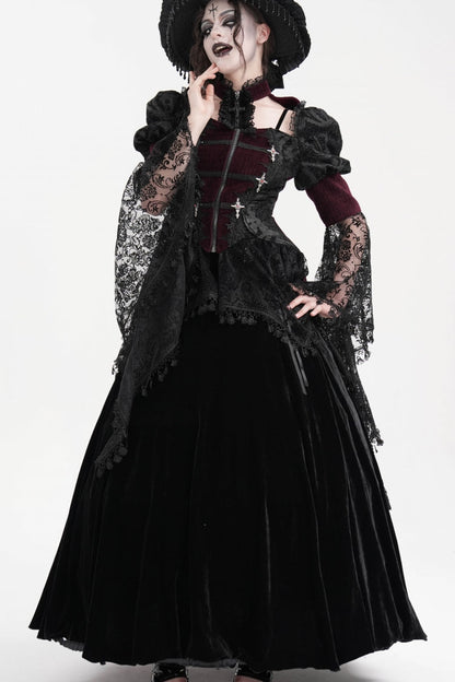 Wine Red Long Sleeves Hollow Lace Tassels Women's Gothic Jacket