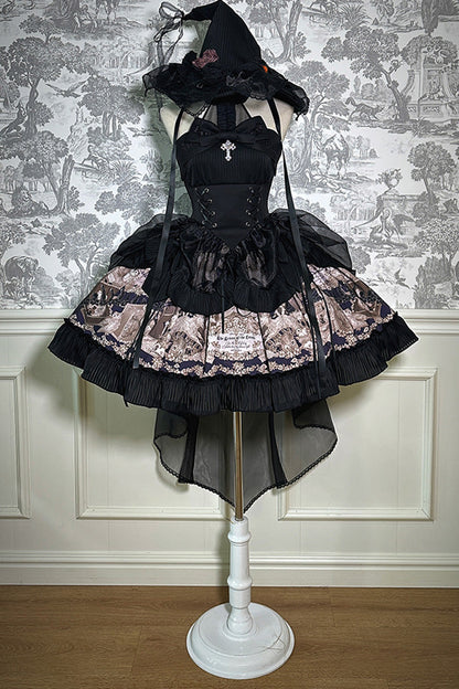 Black [The Mystery of The Doll] Halterneck Print Ruffle Bowknot Drawstring Gothic Lolita Dress