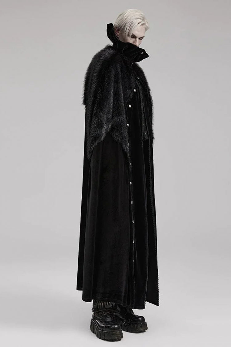 Black Stand Collar Ruffle Irregular Plush Stitching Mens Gothic Gorgeous Cloak