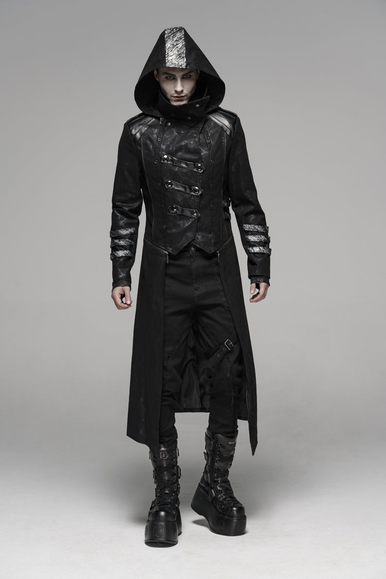 Black Stand Collar Stretch Twill Fabric Hooded Men's Gothic Long Jacket