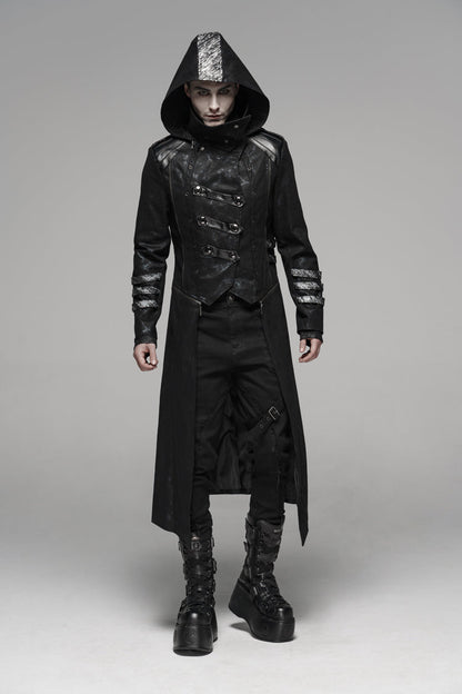 Black Stand Collar Stretch Twill Fabric Hooded Men's Gothic Long Jacket