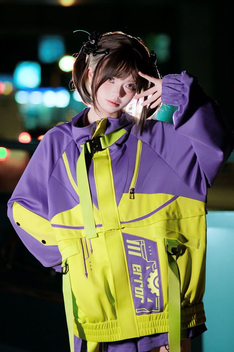 Neon Purple/Green [Zero-Type Transformation] Techwear Long Sleeves Embroidered Hooded Punk Jirai Kei Shorts Coat Set