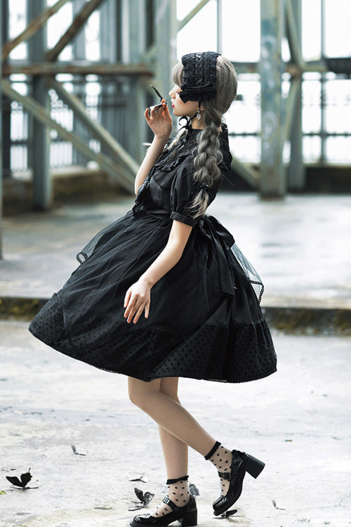 Black Elegant Round Collar Bowknot Short Sleeves High Waisted Gothic Lolita OP Dress