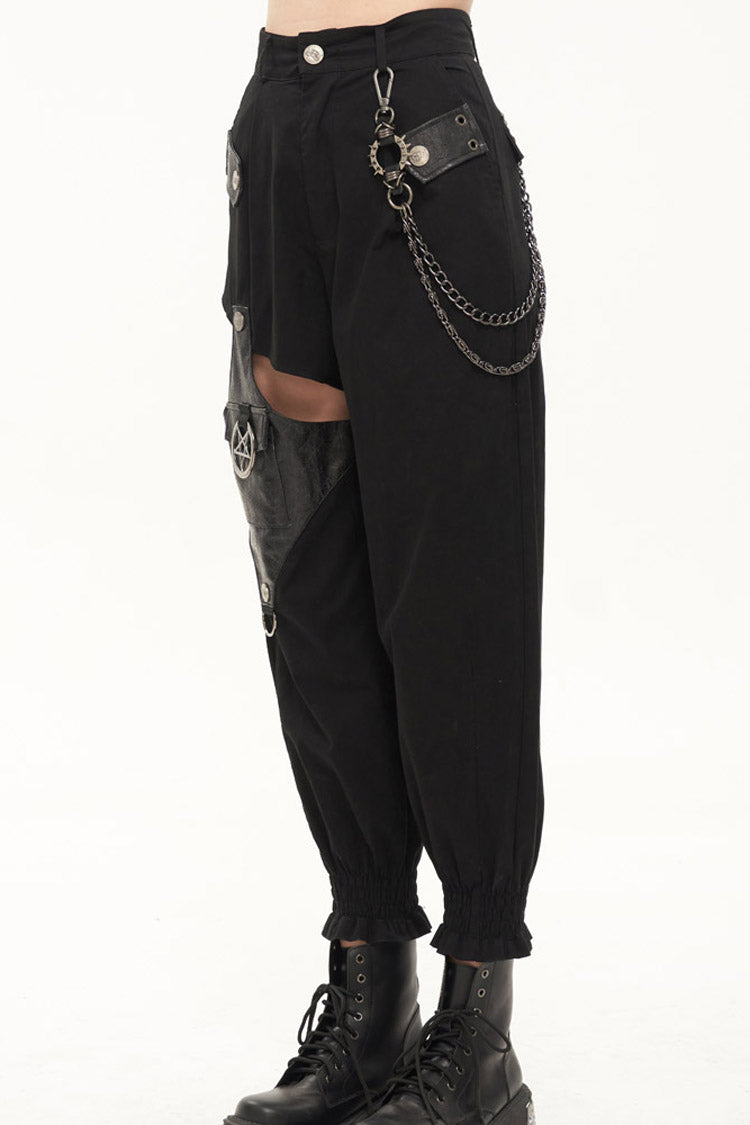 Black Punk Cutout Leather Splicing Detachable Metal Chain Women's Long Pants