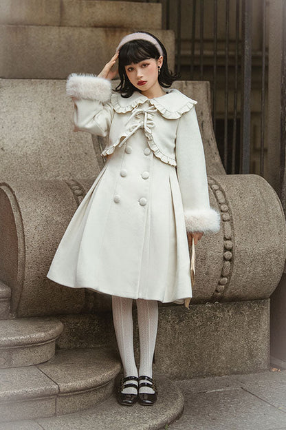 Ivory Double Breasted Bowknot Plush Long Sleeves Fake Two-Piece Woolen Lolita Coat