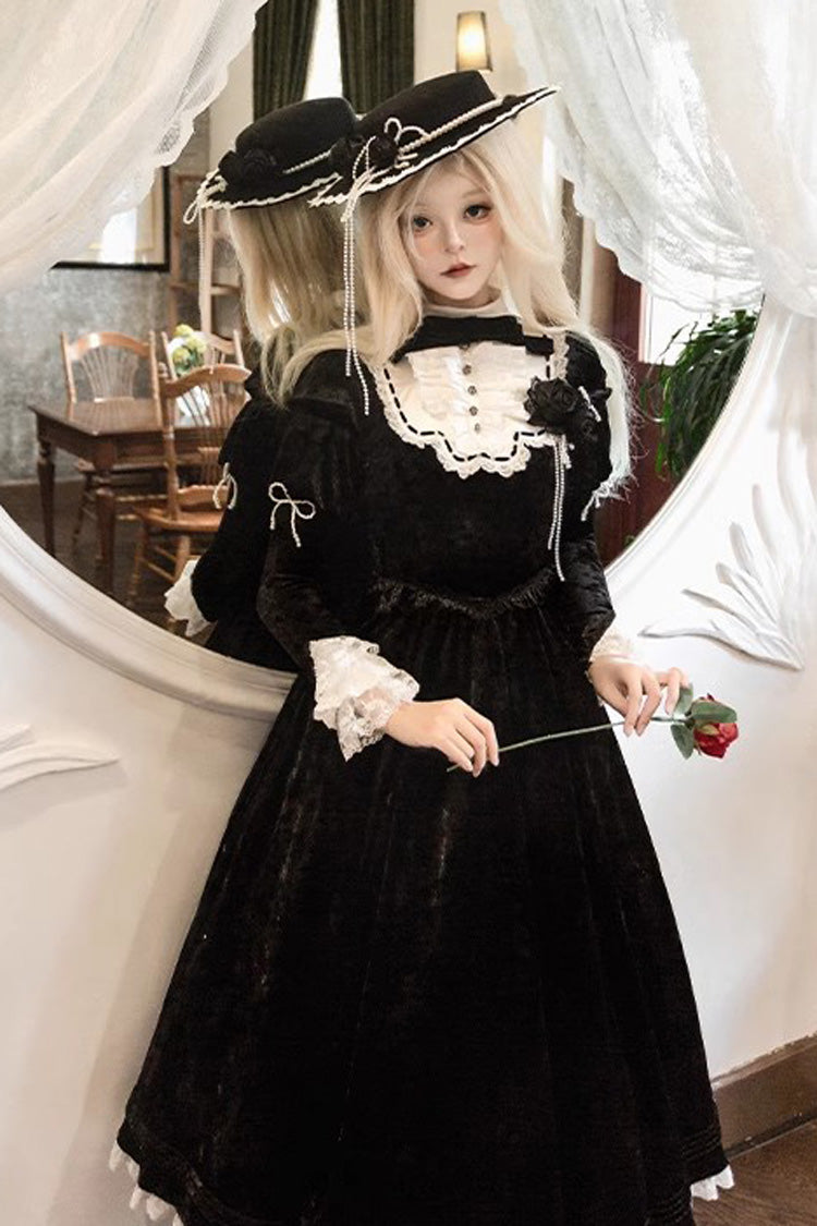 Black [Whispering Castle] Long Sleeves Ruffle Bowknot Lace Gothic Lolita Dress