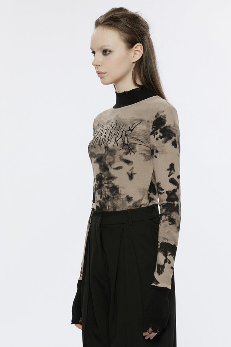 High Collar Long Sleeves Font Embroidery Slim Women's Punk T-Shirt 2 Colors