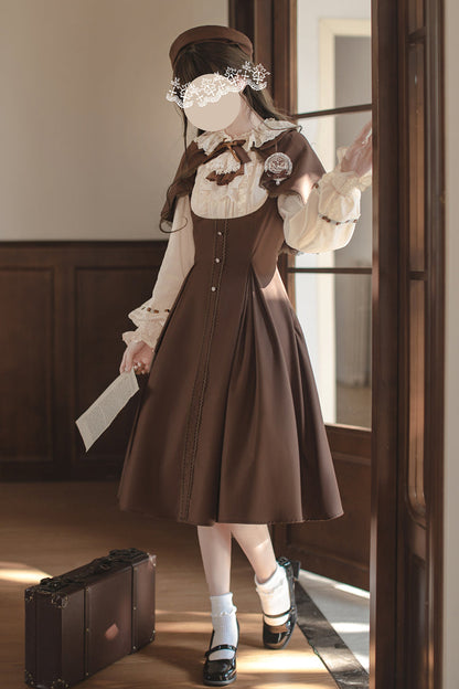 Brown/White [Sunset Academy] Long Sleeves Ruffle Bowknot Fake Two Pieces Vintage College Style Elegant Lolita Dress