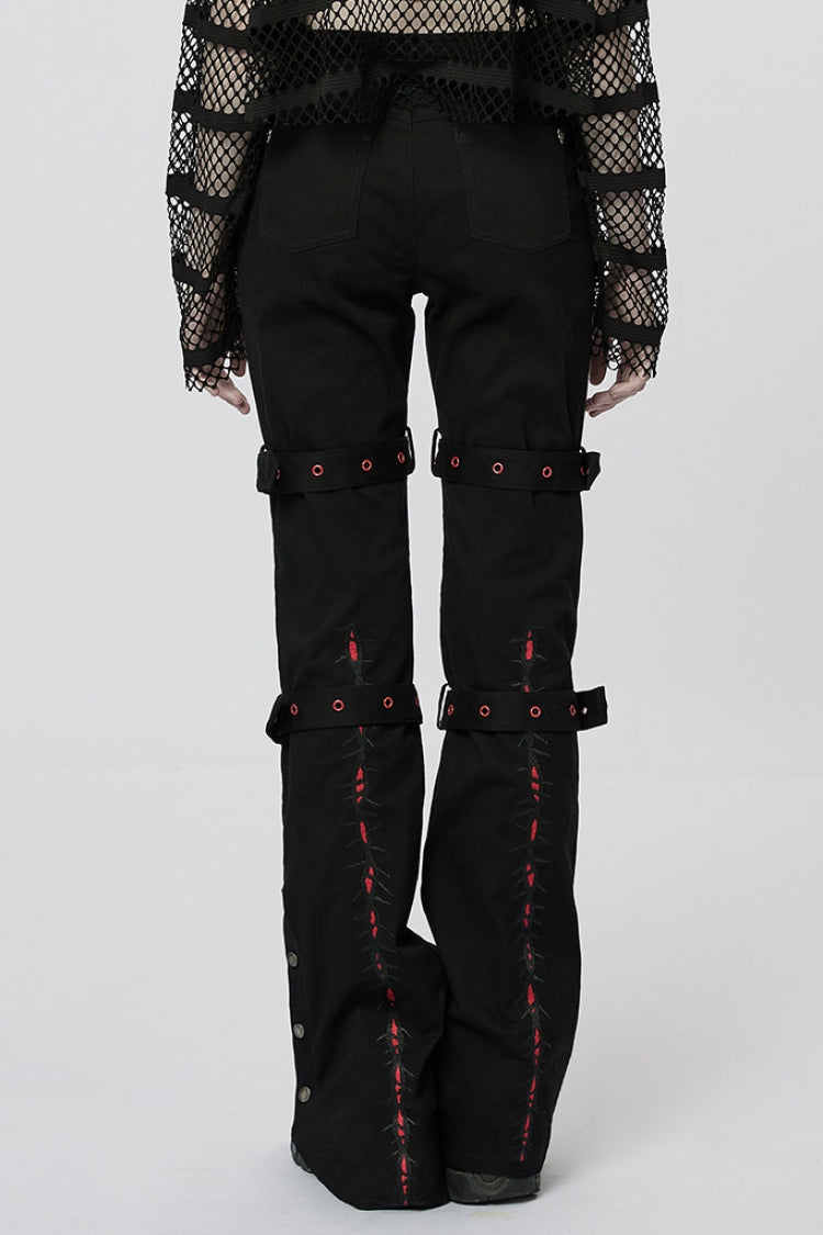 Black/Red Embroidery Buckles Women's Steampunk Flared Pants