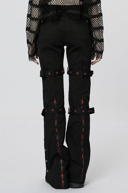 Black/Red Embroidery Buckles Women's Steampunk Flared Pants