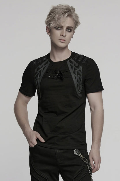 Black Round Collar Short Sleeves Studded Buckle Strap Men's Punk T-Shirt