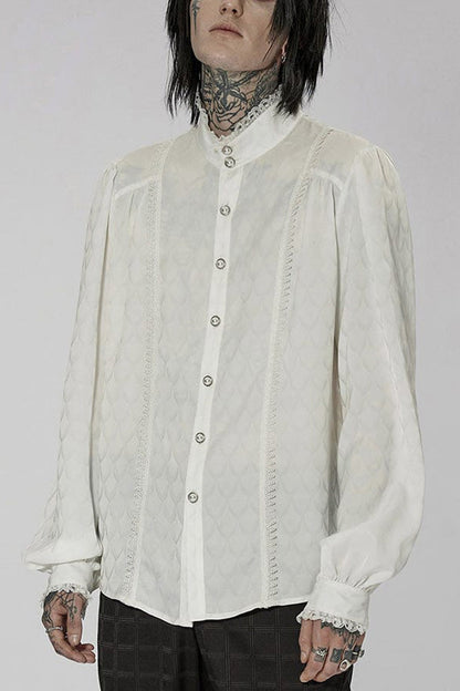 White Punk Turtleneck Dragon Scale Jacquard Long Lantern Sleeves Lace Edge Men's Shirt