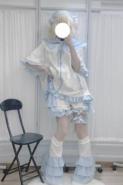 White/Blue Heart Signal Half Sleeves Plaid Print Hooded Sweet Jirai Kei Japanese Coat