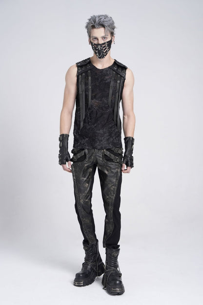 Black Sleeveless Eyelet Strap Distressed Men's Gothic Vest