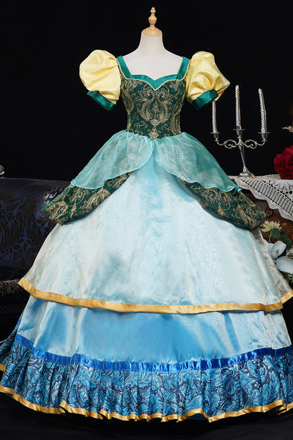 Blue/Green Square Collar Short Lantern Sleeves Multi-Layered Ruffled Embroidered Lace Gothic Vintage Princess Palace Lolita Victorian Dress